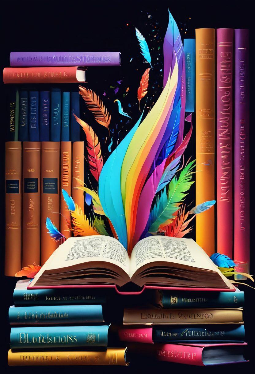 An artistic representation of a flowing quill pen creating beautiful words that transform into colorful books, symbolizing the journey from ideas to publication. Surrounding the quill, there are floating thesaurus pages with synonyms glowing in vibrant colors. An open book reveals a world of creativity with illustrated scenes of writing and publishing. The background should depict a dreamy library filled with endless shelves of books under soft, warm lighting. vibrant colors. painting.