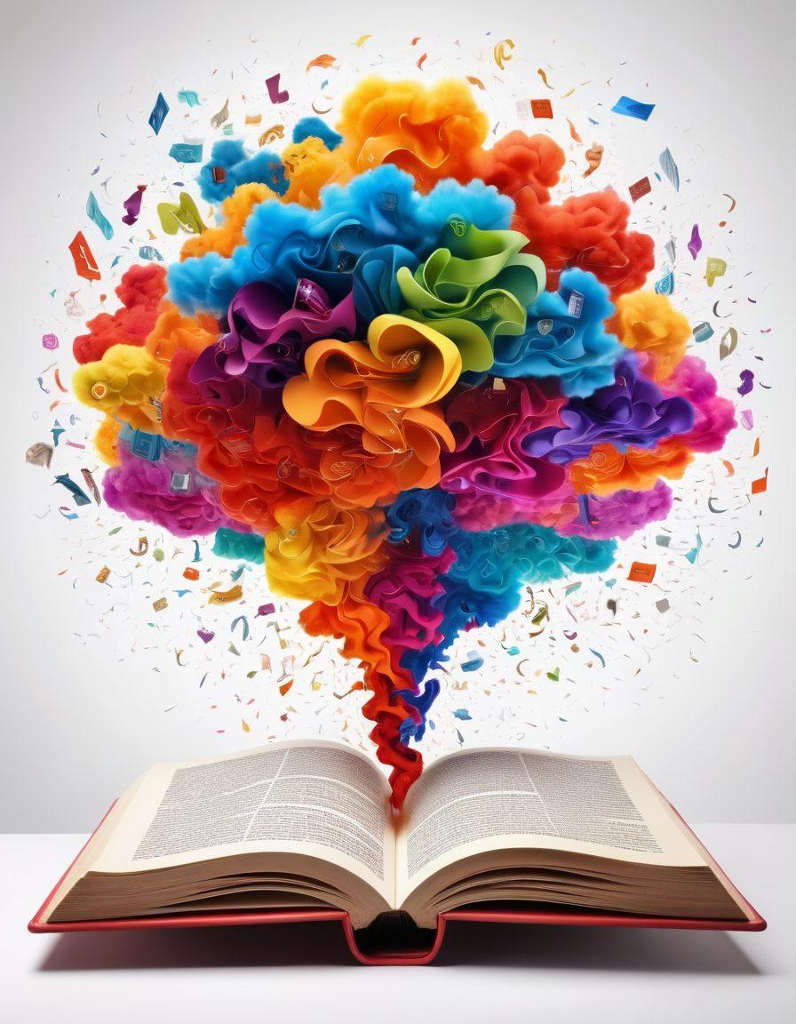 A vibrant scene depicting an open book with colorful, swirling letters and words emerging from its pages, symbolizing the power of vocabulary. In the background, a diverse group of people engaged in creative discussions and writing, each surrounded by thought clouds filled with imagery of ideas and expressions. The atmosphere should radiate energy and inspiration, reflecting effective communication and creativity. super-realistic. vibrant colors. white background.