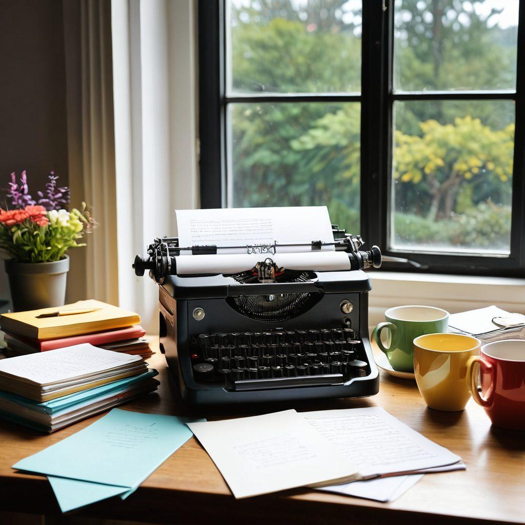 A bustling creative workspace featuring a vintage typewriter surrounded by colorful notebooks, coffee cups, and scattered papers filled with handwritten notes. In the background, a large window reveals a sunny landscape, inspiring creativity. Include visual elements like floating words and phrases in the air, symbolizing the power of language. The scene should radiate warmth and motivation, inviting the viewer to embark on their writing journey. super-realistic. vibrant colors. cozy atmosphere.